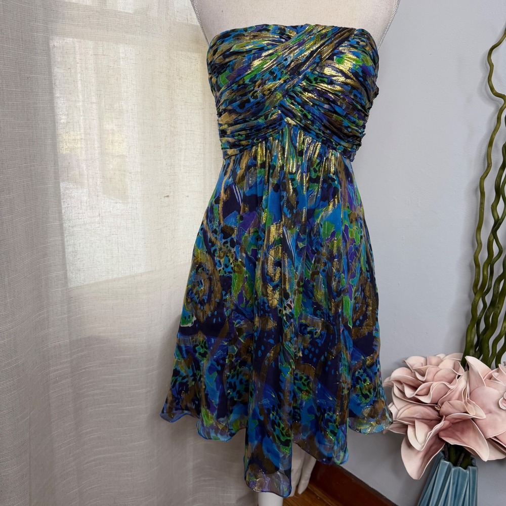 Y2K Vintage Oleg Cassini Strapless Silk Lurex Metallic Leopard Dress Blue Gold 6